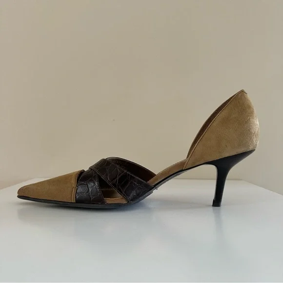 Ralph Lauren | Tan & Brown Leather Suede Pumps Sz 7 - Picture 2 of 5